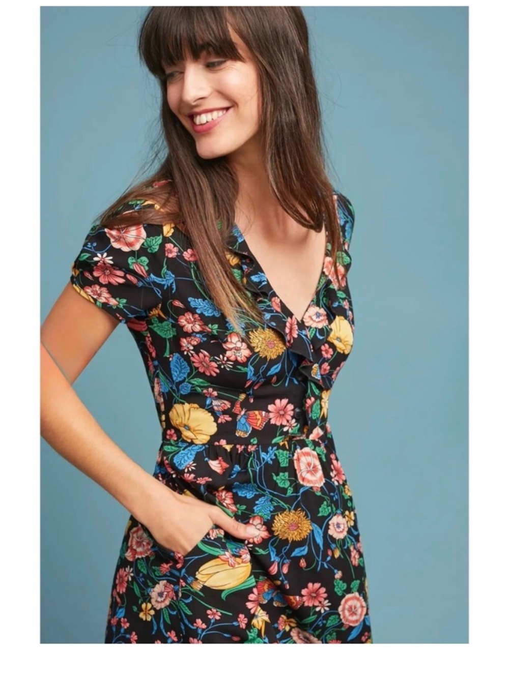 Maeve Anthropologie Bloedel Floral Dress Black Butterfly Ruffle V-neck Size 2 - Picture 2 of 5